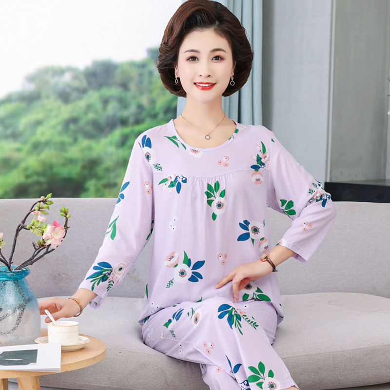 Mother's Cotton Silk Pajamas Women's Spring and Autumn Summer Long-sleeved Two-piece Set Middle-aged and Elderly Artificial Cotton Large Size Printed Home Clothes for Women Mother's Cotton Silk Pajamas Women's Spring and Autumn Summer Long-sleeved Two-piece Set Middle-aged and Elderly Artificial Cotton Large Size Printed Home Clothes for Women