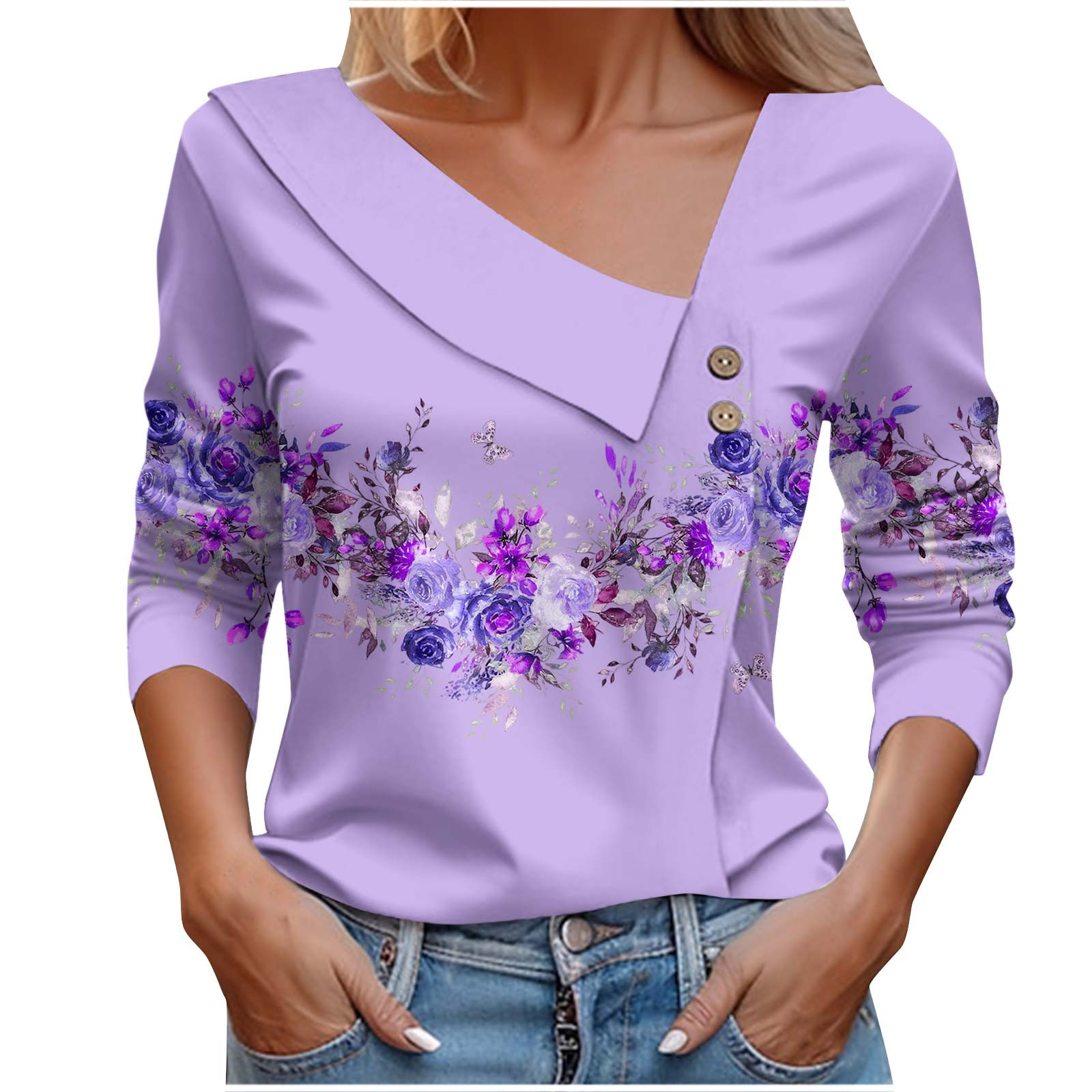 T-shirt da donna popolare primaverile e autunnale a maniche lunghe con scollo a V T-shirt stampata a fiori colorati_voghion.com