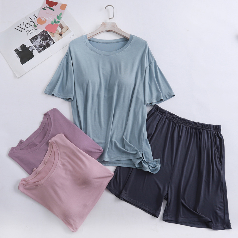 Summer Modal One-piece Chest Pad Color Matching Home Clothes Loose Round Neck Short Sleeve Pocket Shorts Casual Pajamas