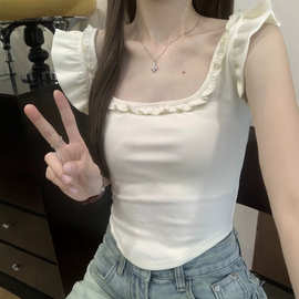 白色小飞袖方领花边背心T恤女夏外穿设计感小众修身显瘦短款上衣