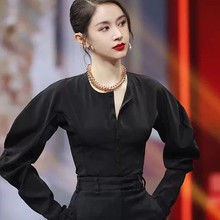 王子文明星同款衣服21春秋季法式黑色泡泡袖长袖衬衫女韩版衬衣女