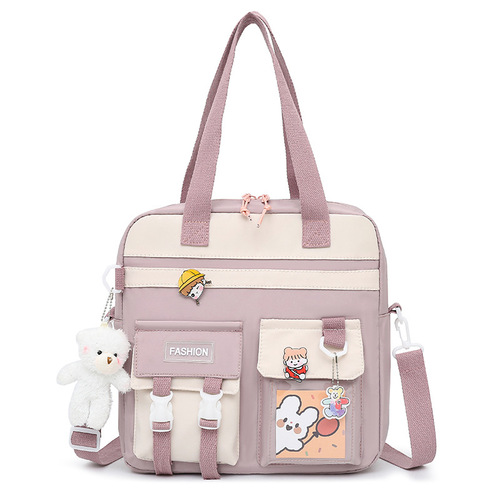 Canvas bag women's crossbody bag large capacity student class portable book bag make-up class book shoulder bag nylon contrasting color