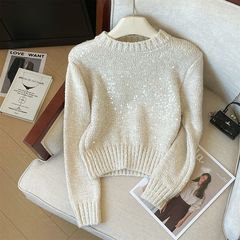 フランス式の小さい香りの風は軽くて豪華な重工業のスパンコールのプルオーバーのセーターの婦人服の上着の冬は腰の短い金を収めてニットの服を着ます。