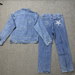 Corteiz Trendy Alcatraz Casual suit High Street Men and Women Couple Trendy Denim Jacket Coat Jeans