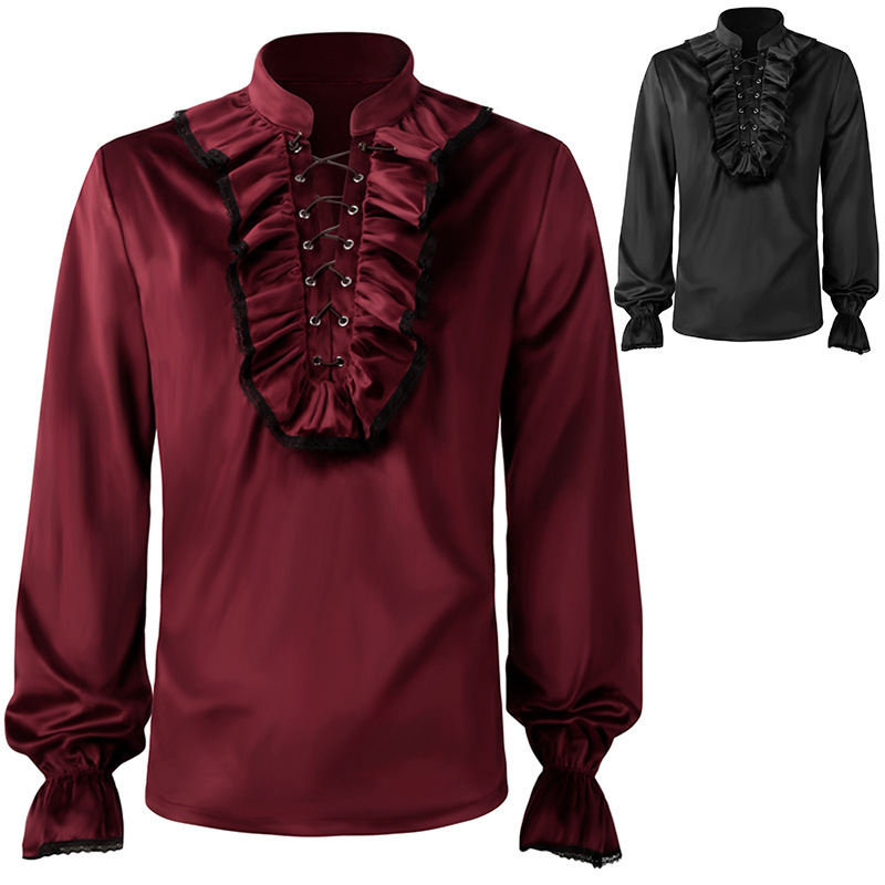 2024 New Lace Pleated Suede Shirt Medieval Renaissance Steampunk Cosplay Costume
