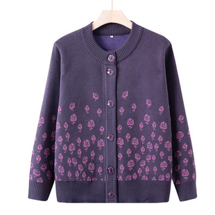 Middle-aged and elderly autumn fleece-lined sweater grandmother foreign-style sweater mother's old lady thick cardigan coat