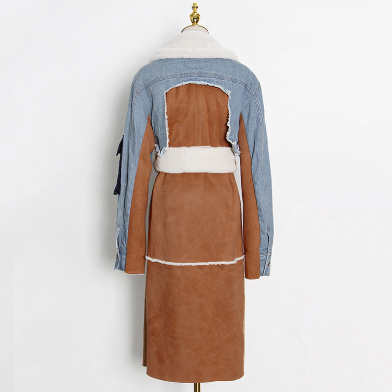 Primavera nueva chaqueta acolchada de algodón europea y americana 2024 solapa grande cintura encaje-up costura Denim largo abrigo de lana de cordero