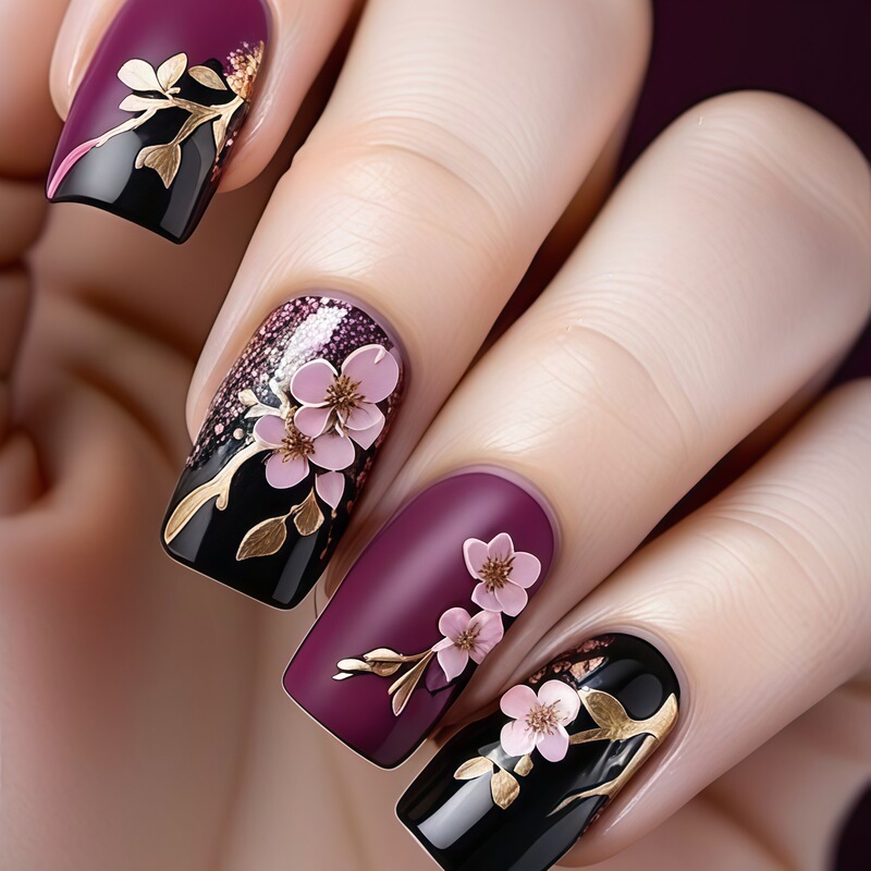 3D Gold Wearable Nails Short European Square Cherry Blossom Metal Branches Dark Red Painted Manicure Fake Nails Tc24