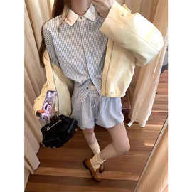 蓝衬衫撞色翻领上衣女秋季新款显瘦气质花苞短裙两件套