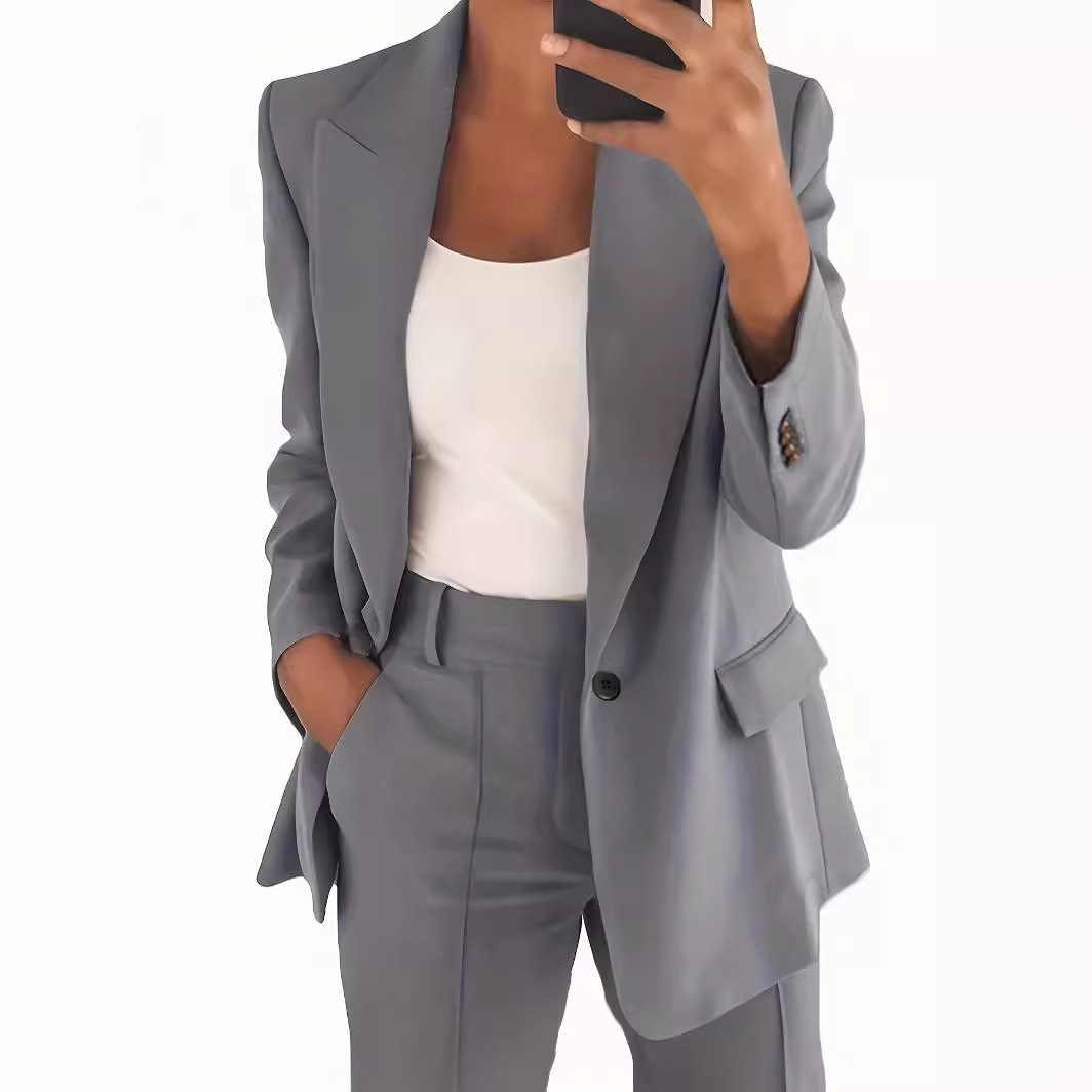 2023 Cross-border Autumn and Winter New European and American Fashion Lapel Slim-fit Cardigan Elegant Suit Jacket Pants Set for Women