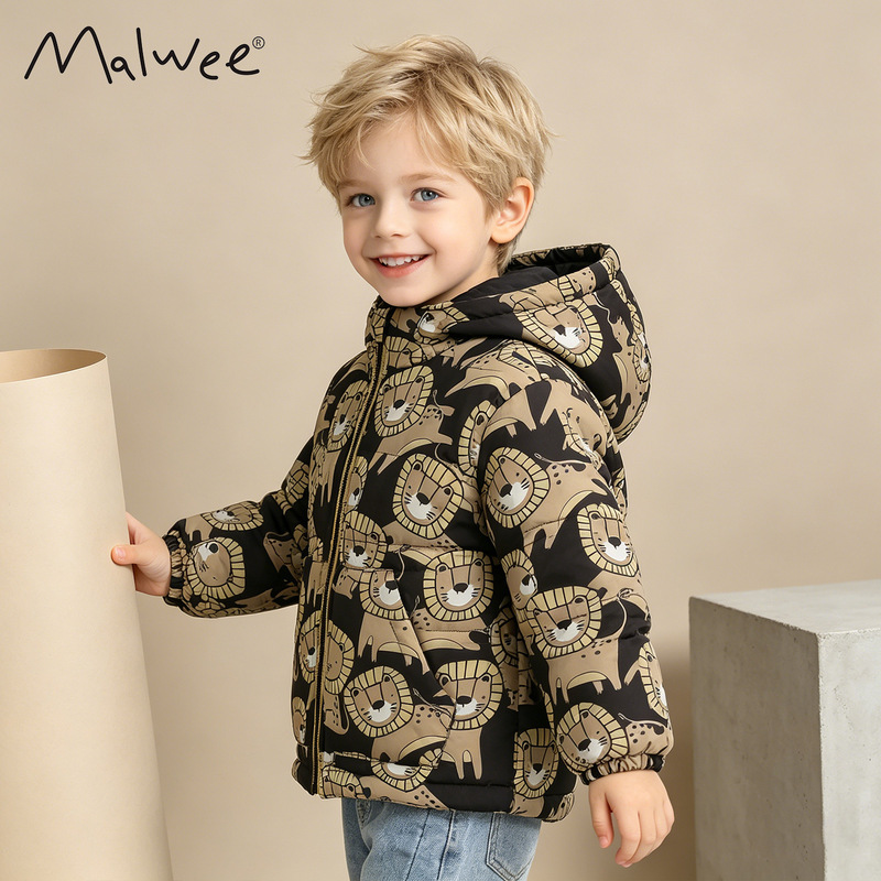 Malwee Boys Coat Thickened Spring New European and American Children's Zipper Shirt Hooded Casual Autumn and Winter Jacket