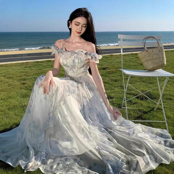 Seaside Holiday Style Suspender Dress Yarn French Ruffled Beach dress Atmosphere Long Dress Elegant Fairy Style