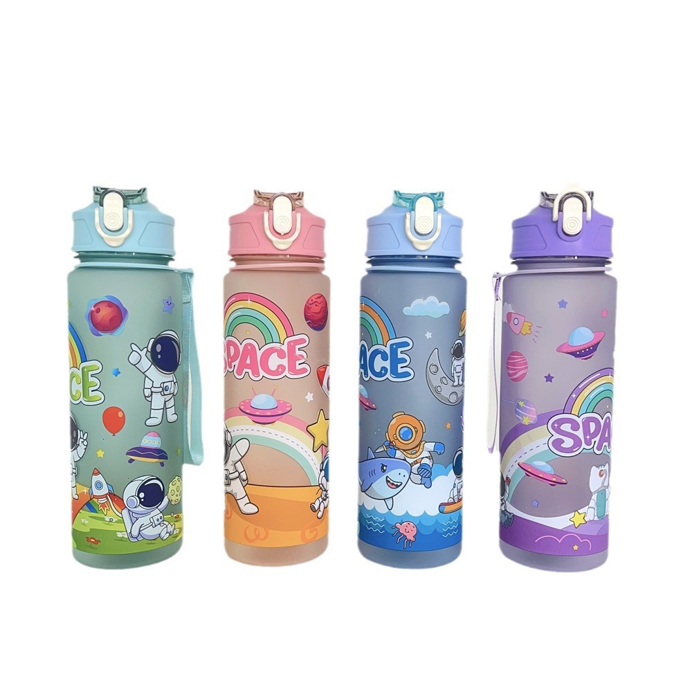Taza con pajita linda de transferencia térmica, taza de plástico deportiva portátil para exteriores, con cierre, para estudiantes.