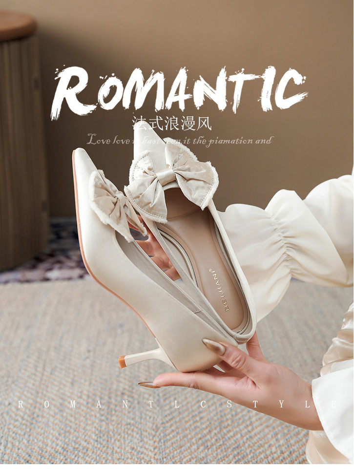 Giày cao gót nữ mũi nhọn gót mảnh 6–8 cm, nơ lụa satin lớn, phối váy — Màu hồng, Màu trắng ngà, màu đen chi tiết 2