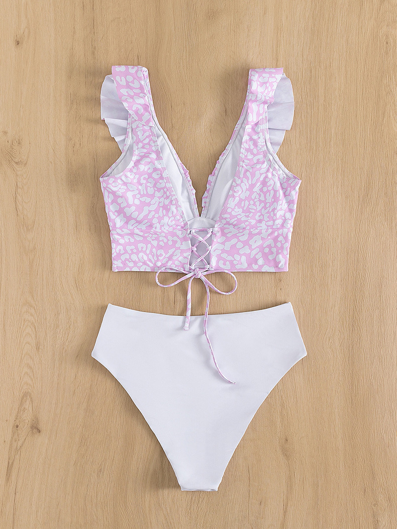 2024 New Leopard Pattern Ruffle Edge Beach Bikini Women's High Waist Triangle Split Swimsuit_voghion.com