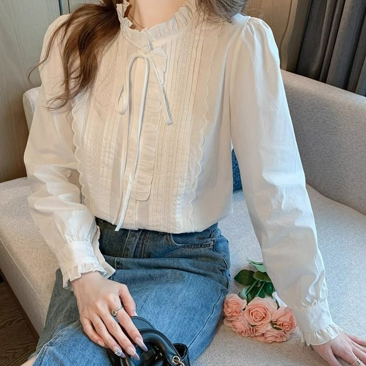 荷叶边纯棉衬衫长袖打底内搭早春秋冬季2025新款女士上衣法式气质|undefined