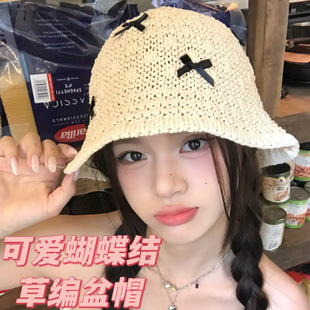Summer Mini Bow Straw Pot Hat Cycling Sunscreen Seaside Girl Sunshade Sweet Fisherman Hat Straw Hat Vacation