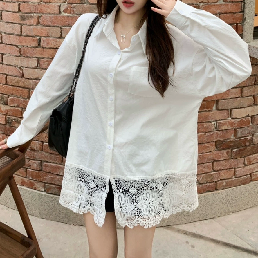 Весной 2025 года белая рубашка женская французская нишева кружева с полым сшитым подолом
