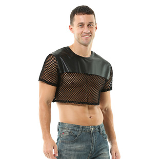 Factory wholesale men's T-shirt sexy coquettish imitation leather transparent crew neck fishing net hollow plus size top without pants