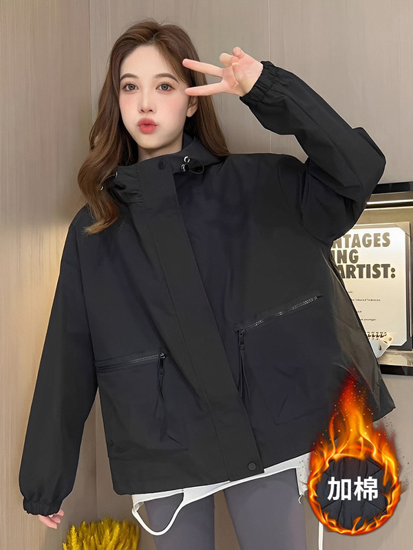 连帽冲锋衣女小个子防风棒球服短外套开春夹克上衣女百搭工装风衣|undefined