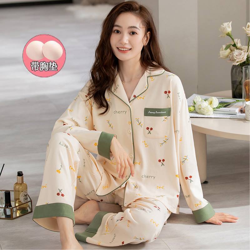 Otoño 100% pijamas de algodón puro con almohadilla en el pecho pantalones de manga larga traje de dos piezas de las mujeres delgadas simples homewear