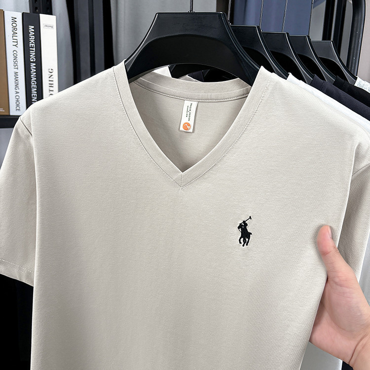 [Ole Brand Discount] Paul Men's Summer Short-Sleeved T-Shirt V Neck High-Quality Cotton Half-Sleeved Plaid Breathable Top