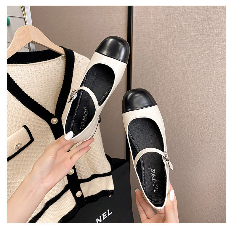 Giày Mary Jane nữ đế bằng da mềm miệng nông mũi vuông phối màu một dây ngang — Màu bạc, Màu mơ, Đen vàng kim chi tiết 27