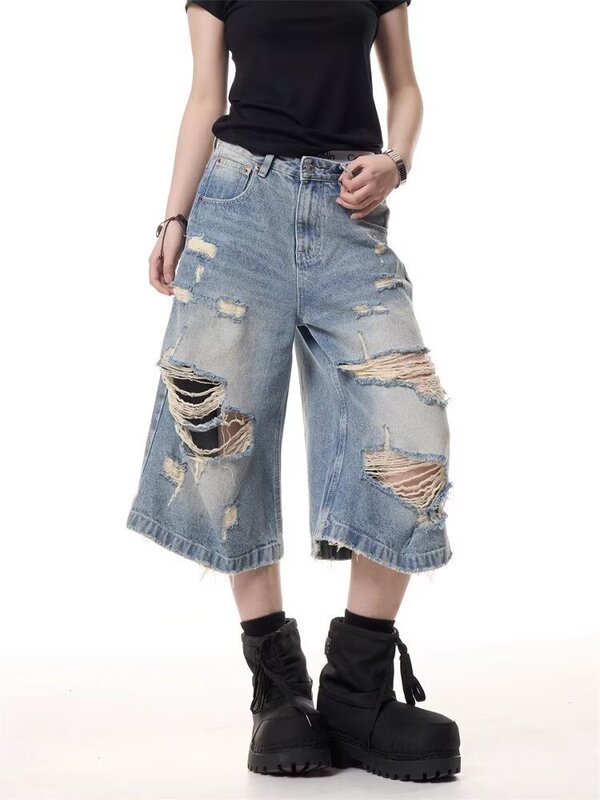 Men's Denim Shorts Straight Loose Korean Style Trendy 2022 Summer Ripped Thin Mid-Length Shorts Trendy Brand Five-Point Shorts