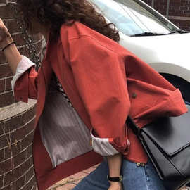 2025春季新款宽松复古红色棒球服女chic韩国百搭显瘦翻领夹克外套