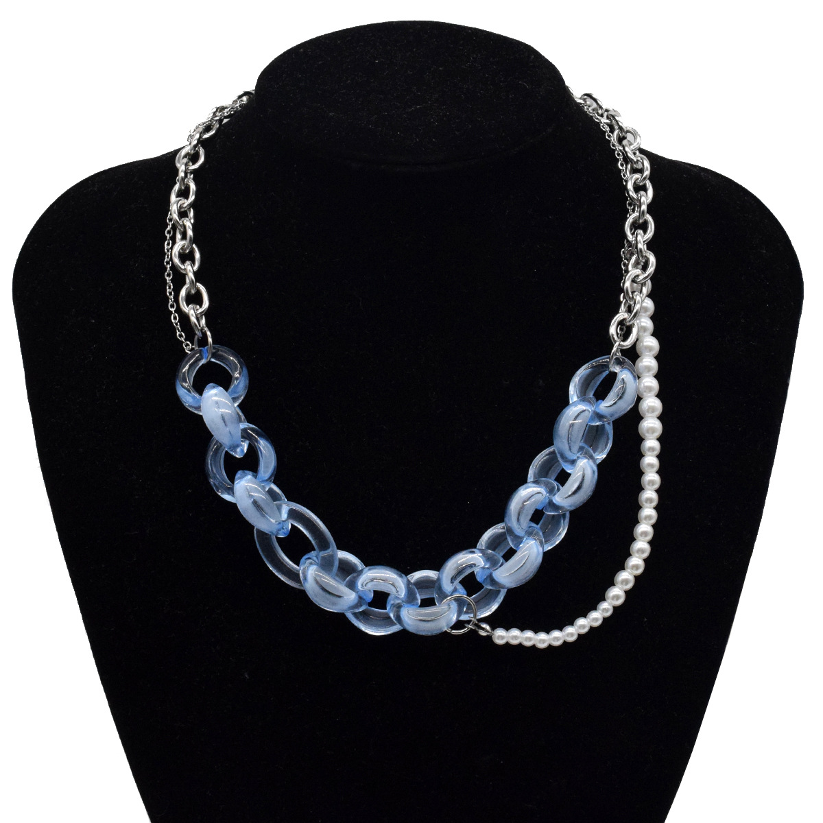 Fashion Light Blue Acrylic Hollow Chain Pearl Stitching Necklace Wholesale Nihaojewelry display picture 3