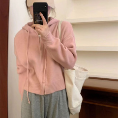 ニットフード付きダブルファスナー付きショートカーディガン