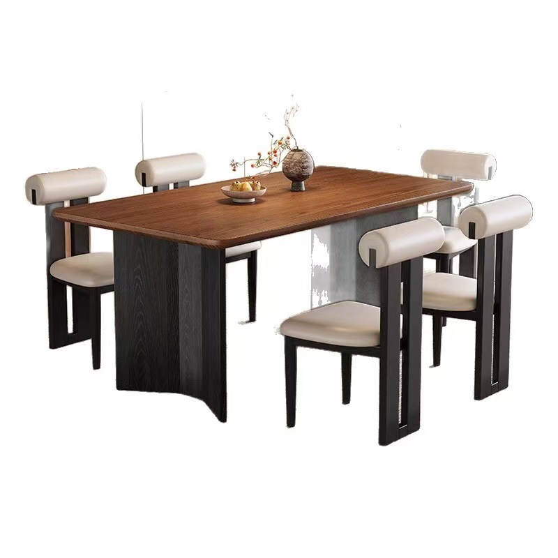 Mesa y silla de comedor de tablero de roca de grano de madera maciza retro, hogar moderno y simple, mesa de comedor de tablero de roca de viento minimalista rectangular de apartamento pequeño