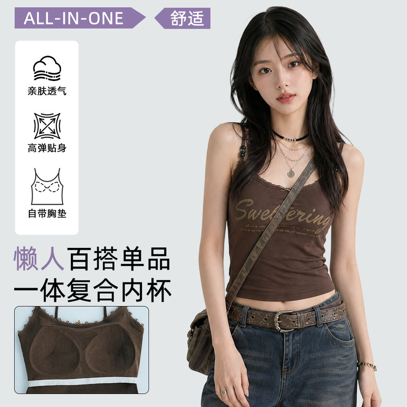 Summer sexy and alluring lace trim bow camisole for women with built-in chest pads, can be worn as an inner layer or on its own, sleeveless top Summer sexy and alluring lace trim bow camisole for women with built-in chest pads, can be worn as an inner layer or on its own, sleeveless top
