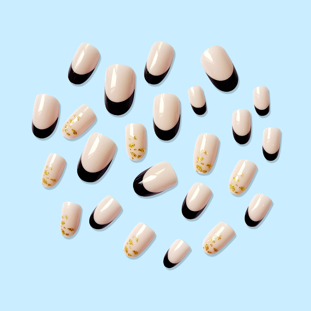 Rosa desnuda, borde negro, contraste, manicura francesa, lámina de oro como una estrella, armadura de desgaste de moda 24 piezas, pegatinas de uñas de temperamento