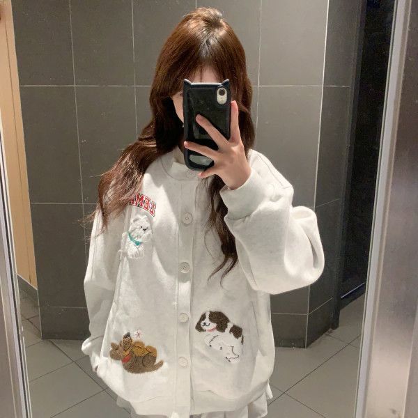 韩系复古高街卡通刺绣开衫卫衣女春秋季设计感慵懒风宽松小众外套|undefined