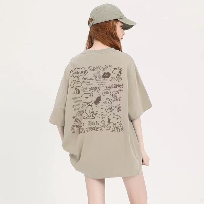 Pure Cotton Back-Necked Summer New Dopamine Japanese-Style Cartoon Print Short-Sleeve T-Shirt for Women, Loose and Cute Top