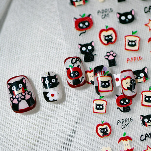 New cute cartoon apple cat relief nail art sticker small black cat claw small flower glue 3D small pattern sticker