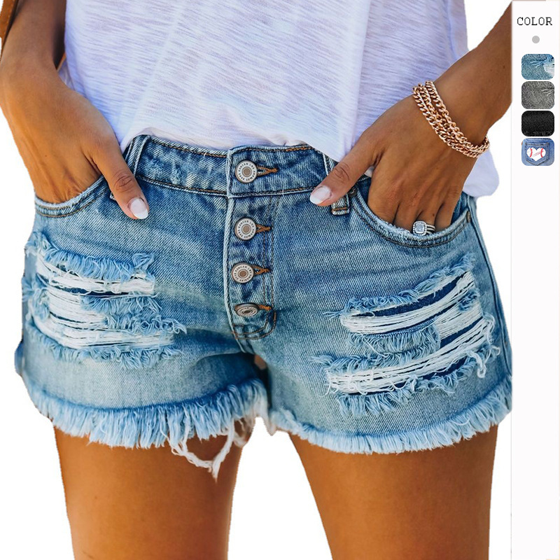 Foreign Trade 2023 Aliexpress Amazon European and American Trendy Women's Ripped Tassel Denim Straight-Breasted Shorts Women's Hot Pants Versatile