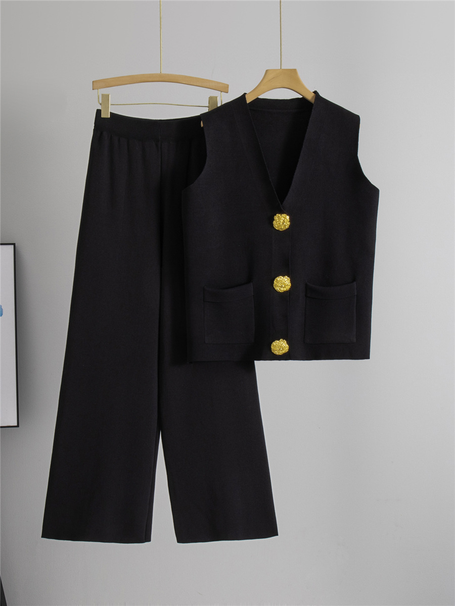 跨境2025夏季新款时尚两件套大纽扣V领针织背心休闲长裤针织套装 5