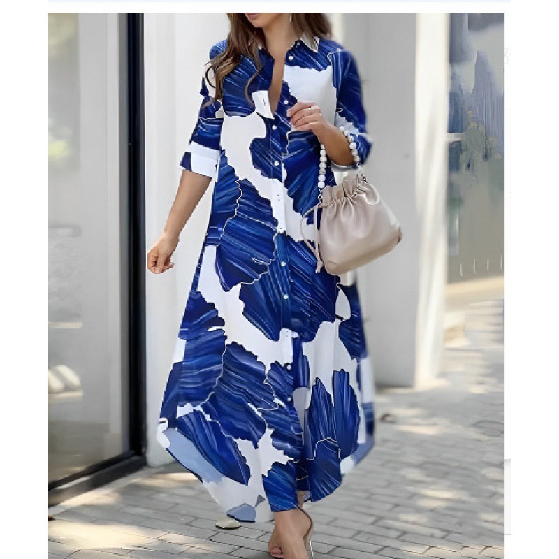 Turndown Neckline Loose Fit Type Wholesale Women's Elegant Button Color Block Daily Turndown Half Sleeve Shirt Dress