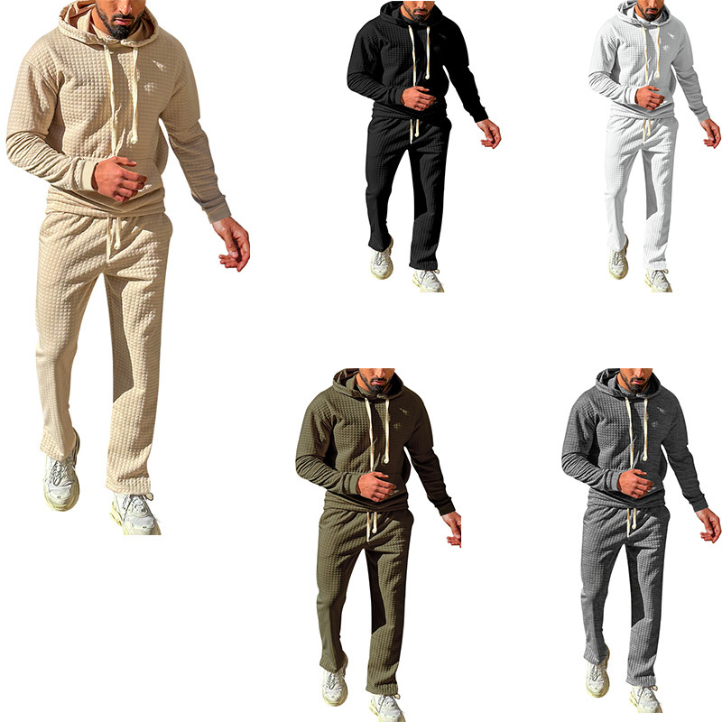 Independent autumn and winter men's jacquard small grid hooded sweatshirt, long pants, casual sports suit_voghion.com
