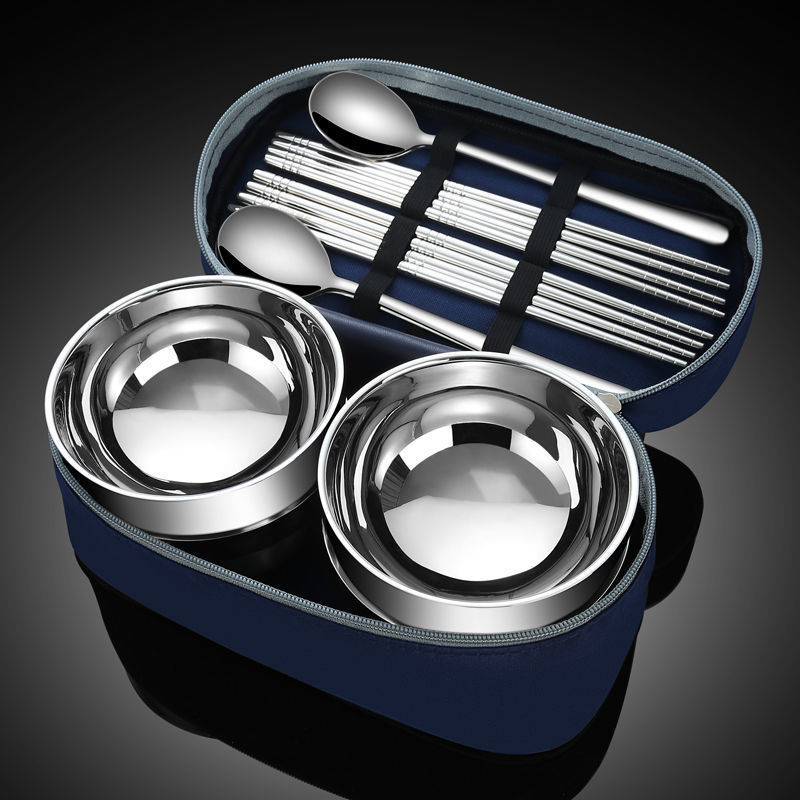 Stainless Steel Outdoor Tableware Bowl Portable Camping Meal Bag Adult Take-Out Travel Three-Piece Set Cross-Border Wholesale Direct Sales