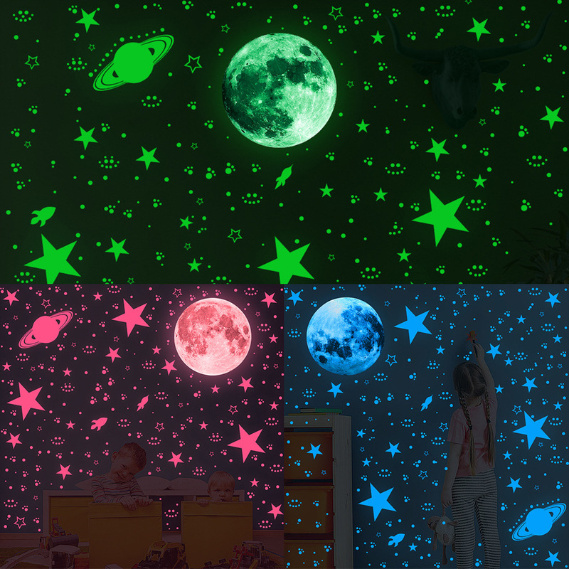 333 Green Luminous Star Wall Sticker Moon and Moon Sticker Combination Bedroom Children's Room Self-Adhesive Decoration Wholesale