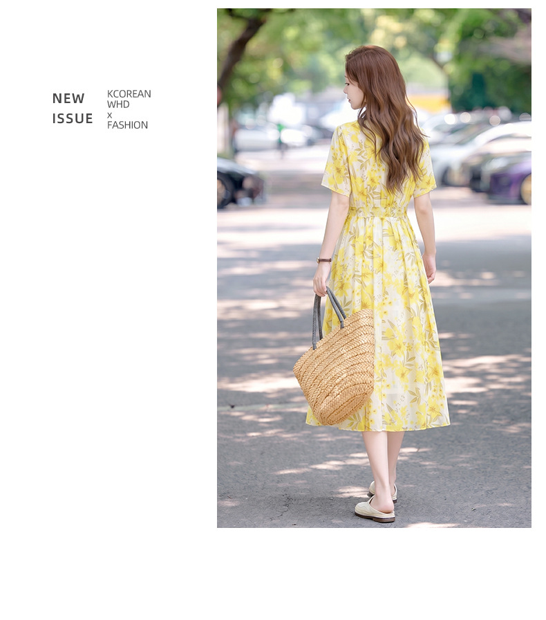 Đầm maxi nữ thắt eo họa tiết hoa nhí cổ V xếp ly tay ngắn — xanh lam, Màu hồng, màu vàng chi tiết 23