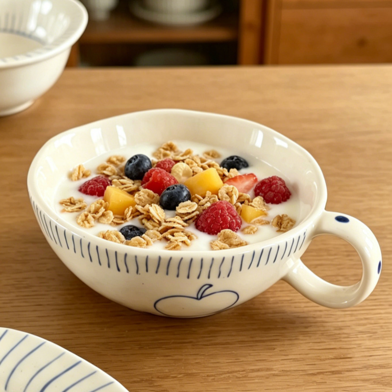 Retro Hand-Painted Apple-Striped Ceramic Tableware Set for Home Use: Dinner Plates, Rice Bowls, Noodle Bowls, Salad Bowls, Yogurt Bowls