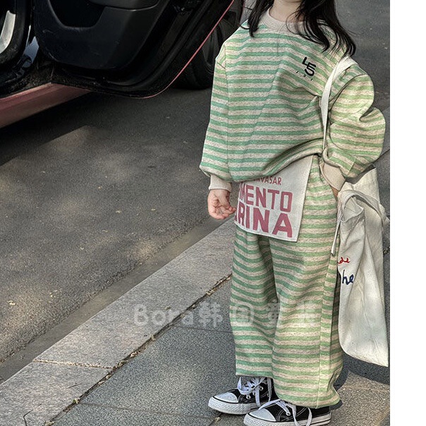 春秋网红炸街洋气男女童条纹卫衣卫裤休闲两件套套装儿童韩国童装|undefined