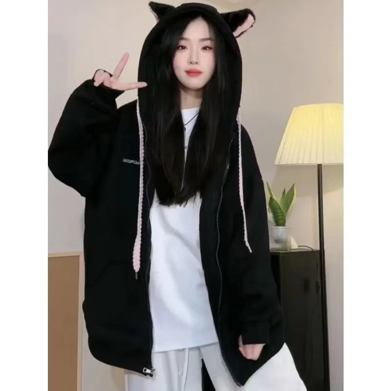 (2개) 13 라인 부드러운 소녀 귀여운 마오 마오 귀 기모 후드 스웨터 여성의 가을과 겨울 한국의 게으른 바람 느슨한 코트