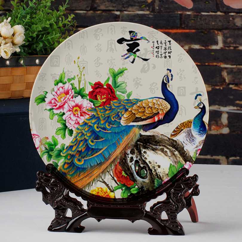 (2개) JINGDEZHEN 세라믹 공작 모란 장식 플레이트 홈 오피스 거실 TV 내각 유럽 창조적 인 공예