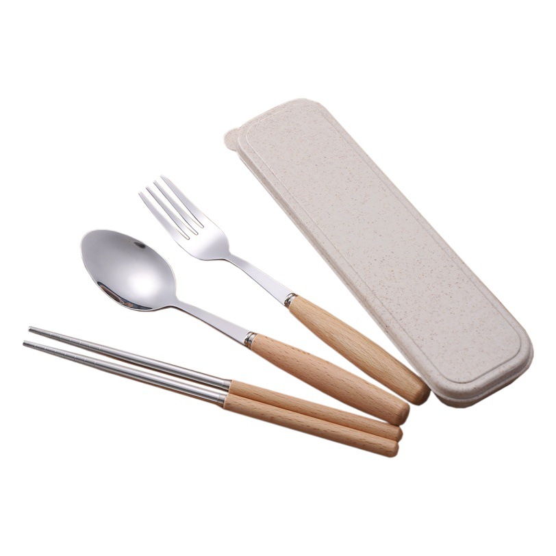 Japanese-style wooden handle tableware stainless steel spoon Fork chopsticks three-piece set student Outdoor gift portable tableware set
