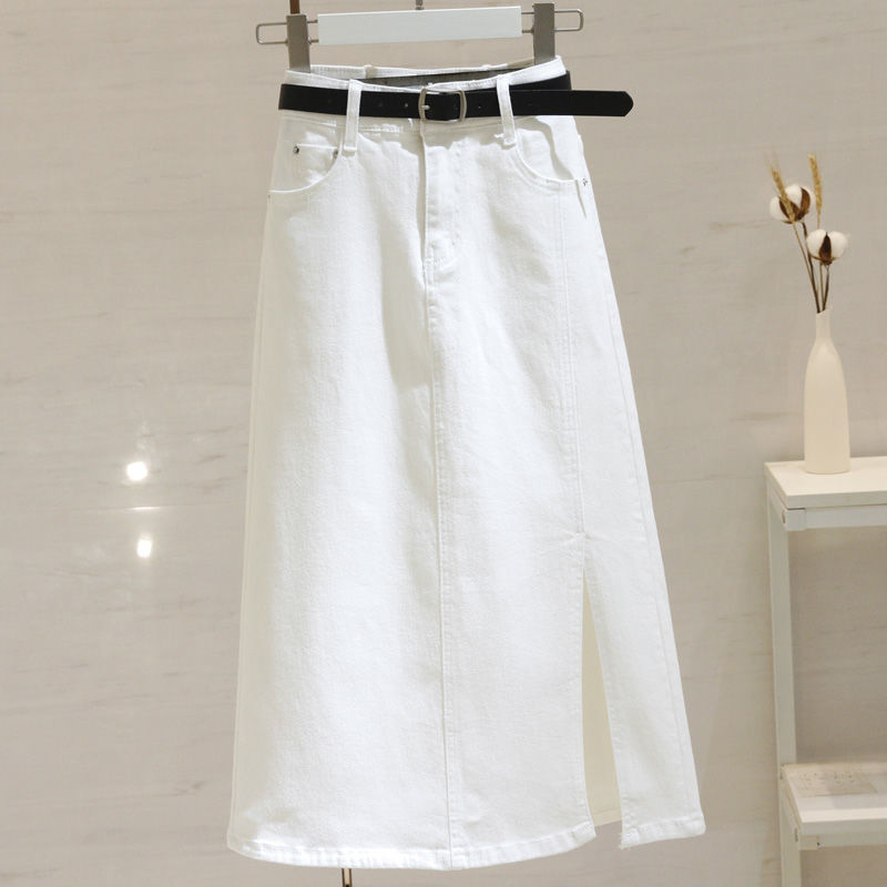 White colored long summer thin denim skirt